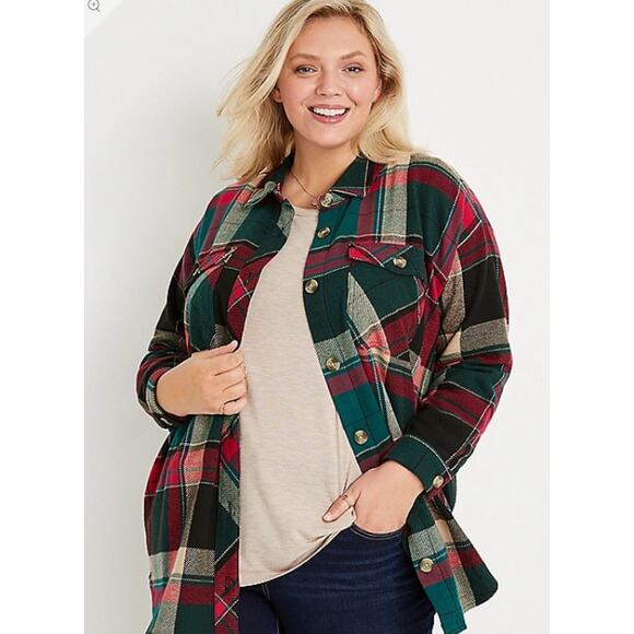 Maurices Flannel Shacket WMNS XXL Green Red Plaid Button Up Heavy Cotton Pockets - Picture 2 of 8